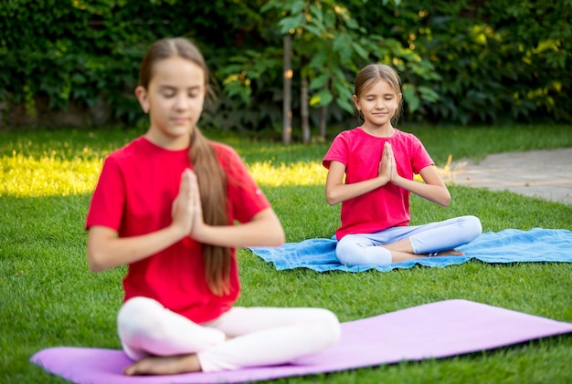 Foto dos chicas lindas practicando yoga en el parque en un caluroso día soleado