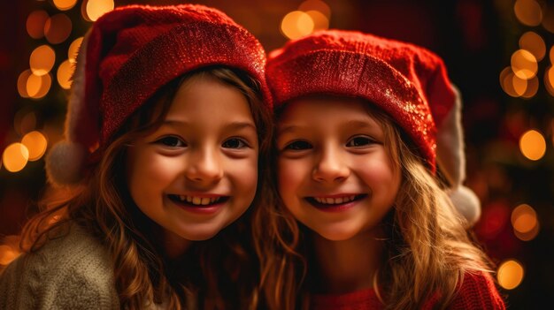 Dos chicas lindas con sombreros de Papá Noel abrazándose