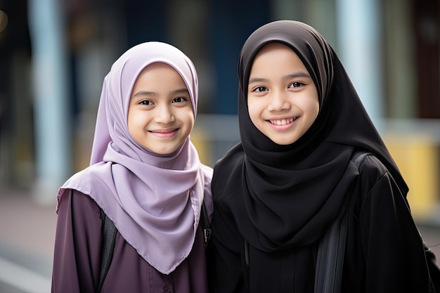 Dos chicas musulmanas en hiyab sonriendo