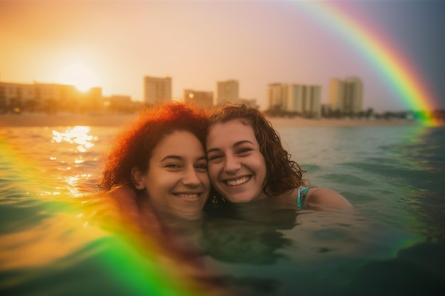 Dos chicas nadan en el océano con un arco iris en el fondo.