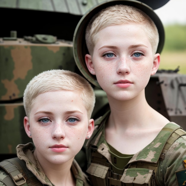 Dos chicas de ojos azules y un tanque verde detrás de ellas.