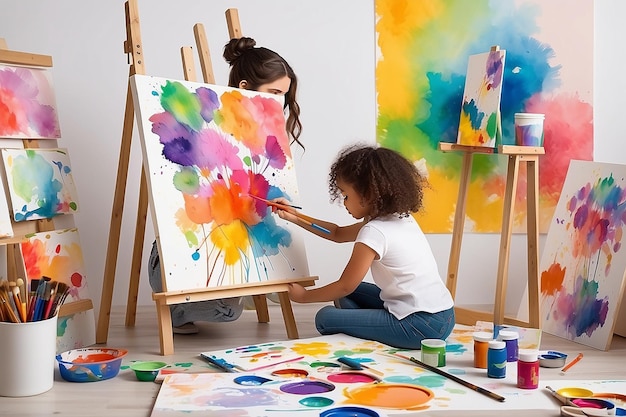 Foto dos chicas pintando en un lienzo con un pincel de pintura