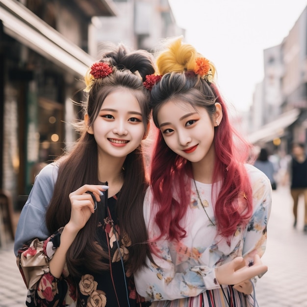 Dos chicas posando para una foto con flores en el pelo.