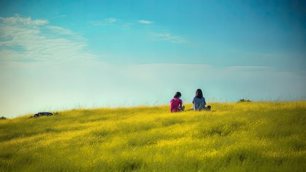 Dos chicas se sientan en un campo de flores amarillas.