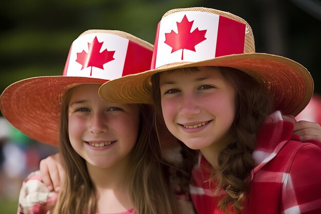 Dos chicas con sombreros con la bandera canadiense sobre ellas