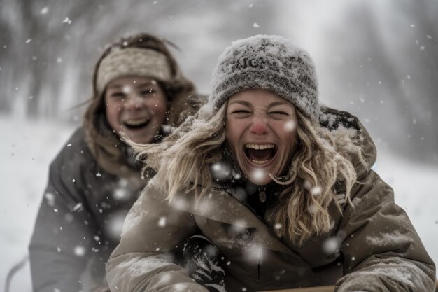 Dos chicas en trineo en la nieve.