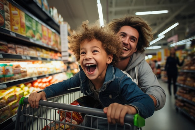 Dos chicos jóvenes divirtiéndose en el supermercado.