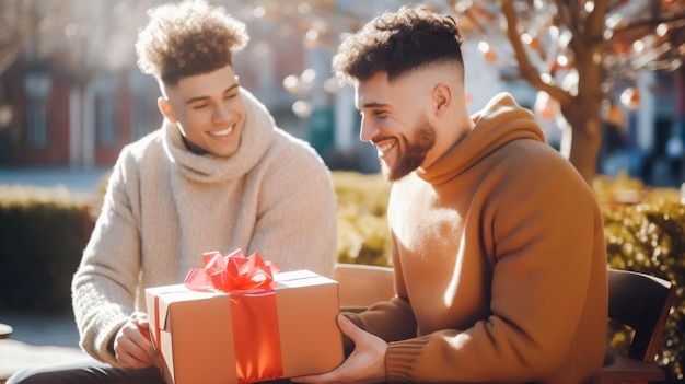 Foto dos chicos jóvenes, una pareja gay, se dan un regalo el uno al otro por una bi