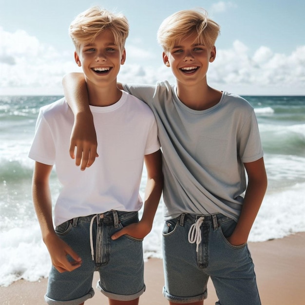 dos chicos en la playa abrazándose generativamente