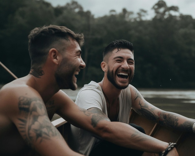 Dos chicos riéndose en un bote en el lago