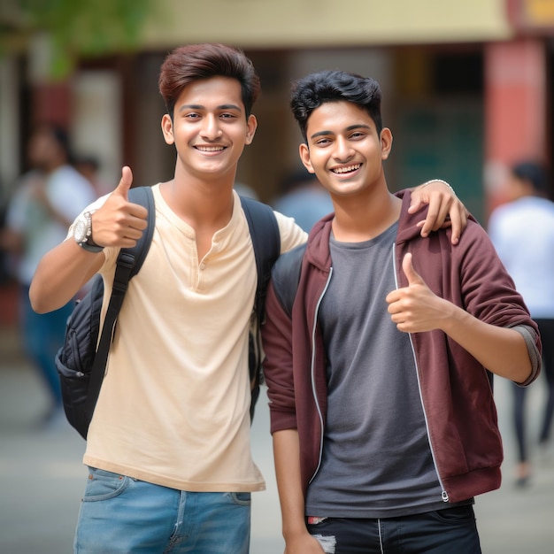 Dos chicos de la universidad mostrando los pulgares en el campus de la universidad