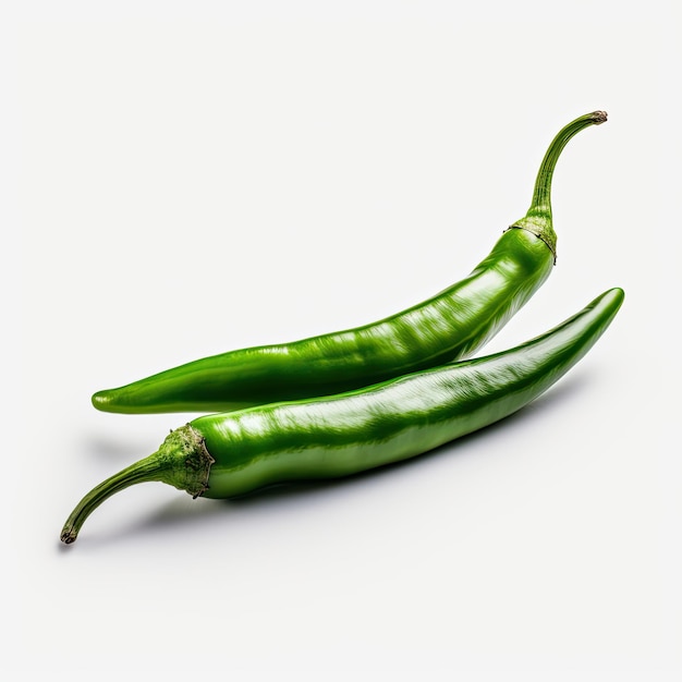 Dos chiles verdes están sobre un fondo blanco.