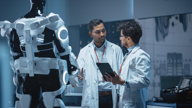 Dos científicos con batas blancas se paran frente a un robot.