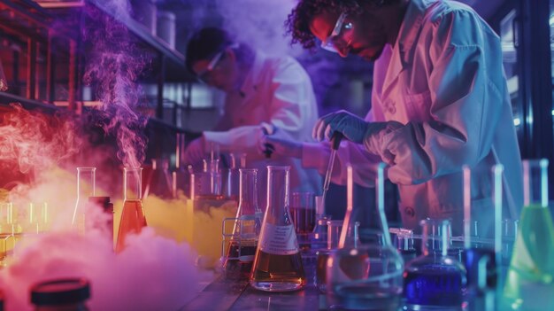 Dos científicos están trabajando en un experimento químico en un laboratorio con humo de colores y vasos i