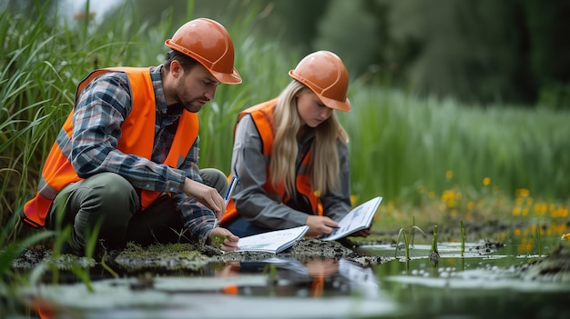 Dos científicos recogiendo muestras de agua de río mientras llevan equipo de protección IA generativa