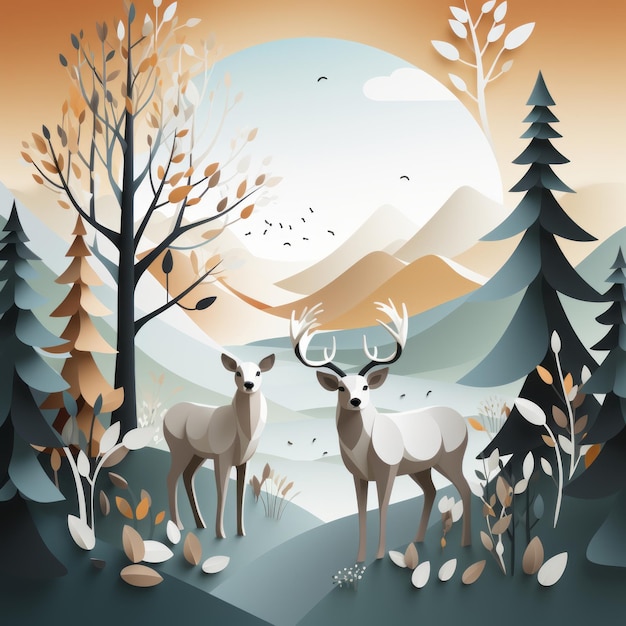dos ciervos en el bosque con árboles y montañas al fondo
