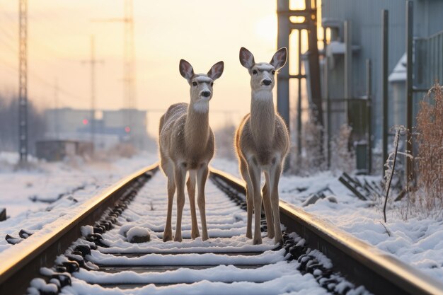 Foto dos ciervos de pie en una vía de tren en la nieve