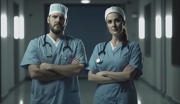 Dos cirujanos o enfermeras del personal del hospital en pie
