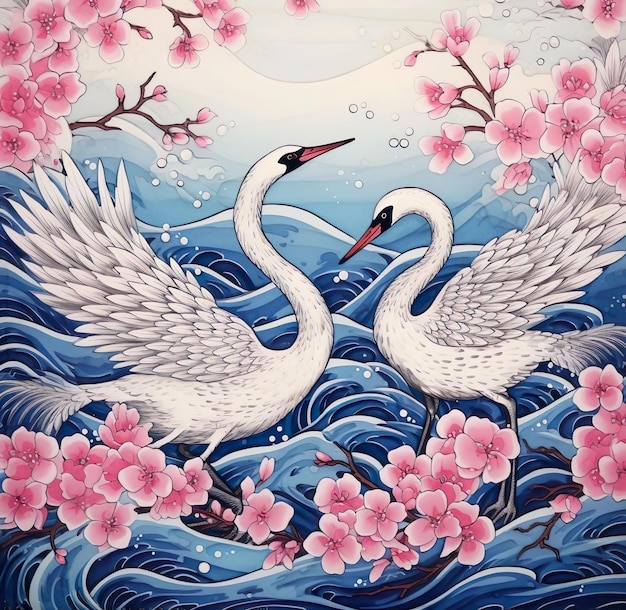 Dos cisnes blancos en un agua azul y uno tiene una flor rosa en medio de una pintura ilustrativa