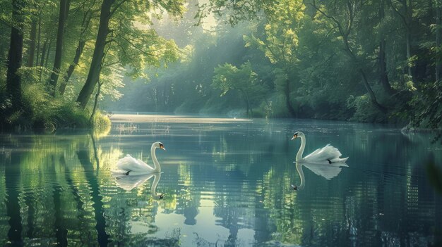 Dos cisnes se deslizan con gracia en un lago tranquilo entre árboles exuberantes