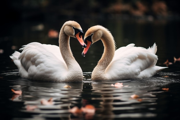 Dos cisnes enamorados adornan el agua con elegancia.