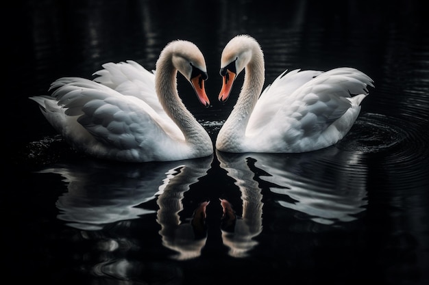 Dos cisnes están formando un corazón con sus cuellos.