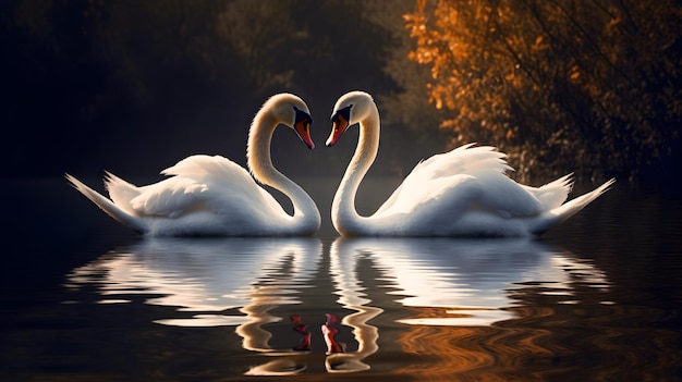 Dos cisnes formando un corazón con el cuello en el agua