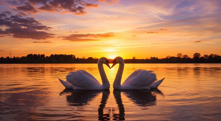 Dos cisnes haciendo una forma de corazón paisaje de puesta de sol IA generativa