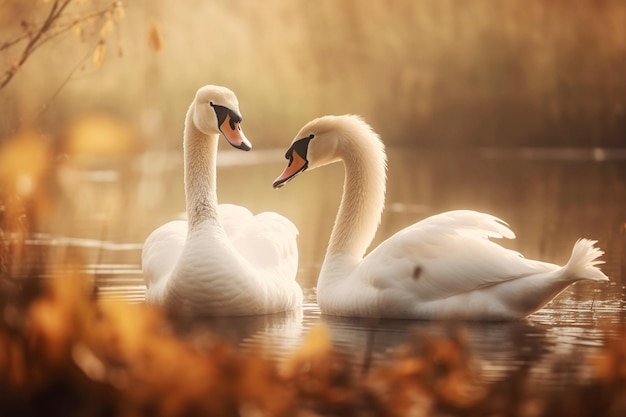 Dos cisnes en un lago con hojas de otoño en el suelo