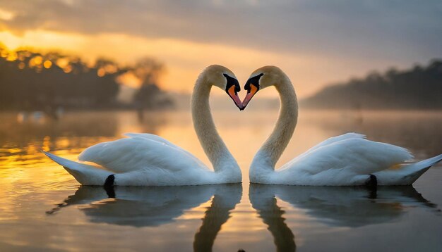 Dos cisnes macho y hembra crean una forma de corazón con sus graciosos cuellos siluetados contra un br