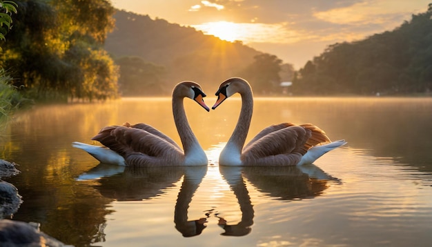 Dos cisnes macho y hembra crean una forma de corazón con sus graciosos cuellos siluetados contra un br