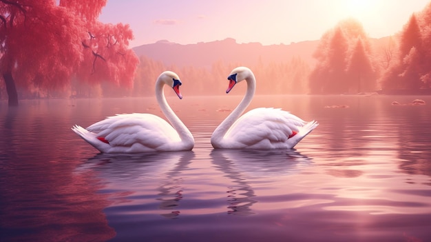 Dos cisnes nadan en un lago al atardecer