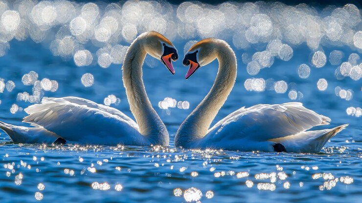 Dos cisnes que forman una forma de corazón en una superficie de agua tranquila