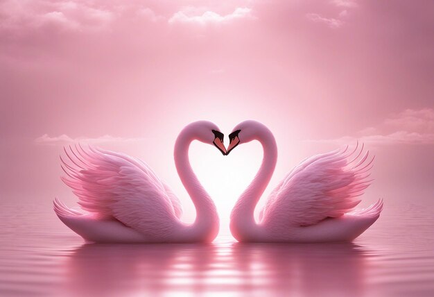 Dos cisnes rosados hacen la forma de un corazón con sus cabezas y cuellos largos con un hermoso fondo