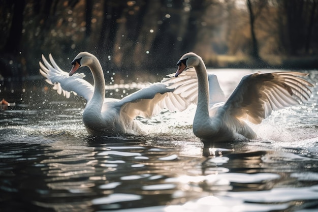 Dos cisnes volando en un lago en un retrato.