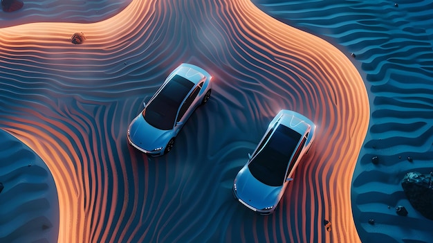 Dos coches autónomos futuristas en una superficie con patrones ondulados arte conceptual para la tecnología de vehículos modernos una escena visualmente intrigante con una paleta de colores genial IA