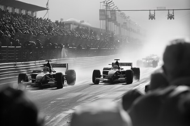 Foto dos coches de carreras conduciendo por una pista delante de una multitud