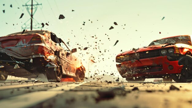 Foto dos coches chocan en un terreno polvoriento dejándolos varados y golpeados en la tierra.