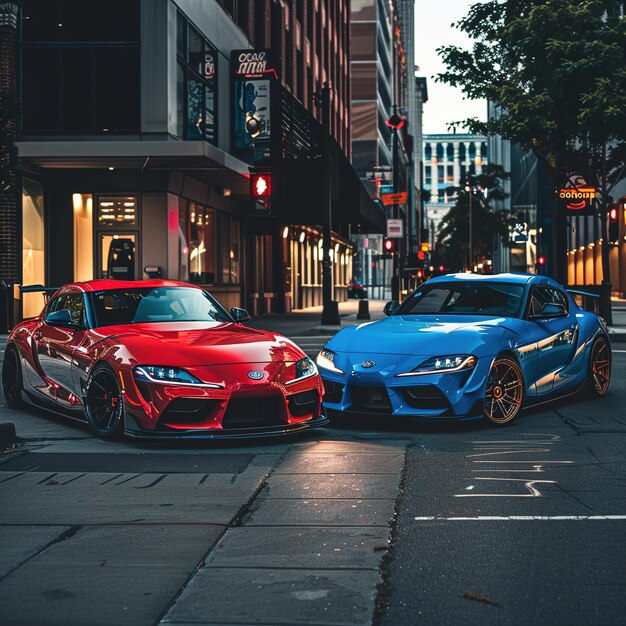 Foto dos coches están en la calle y uno es azul