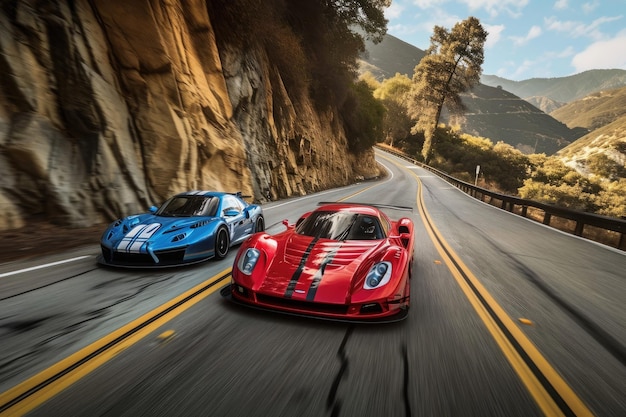 Foto dos coches, uno rojo y otro azul, son vistos conduciendo por una sinuosa carretera de montaña.