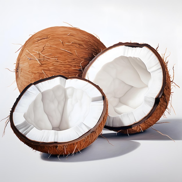 dos cocos con una cáscara blanca y la mitad inferior de ellos