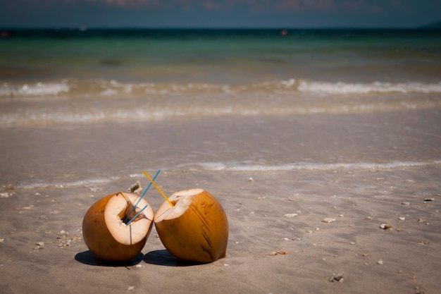 Dos cocos con pajitas en la playa de India