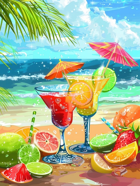 Dos cócteles coloridos adornados con frutas y sombrillas se sientan en una playa con vista al océano IA generativa