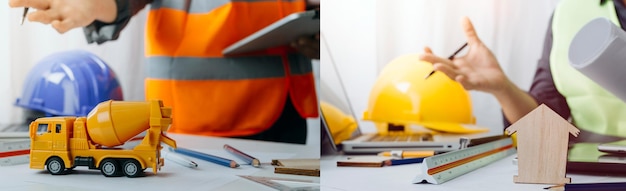 Dos colegas discuten el trabajo de datos y una tableta portátil con un proyecto arquitectónico en el sitio de construcción en el escritorio de la oficina