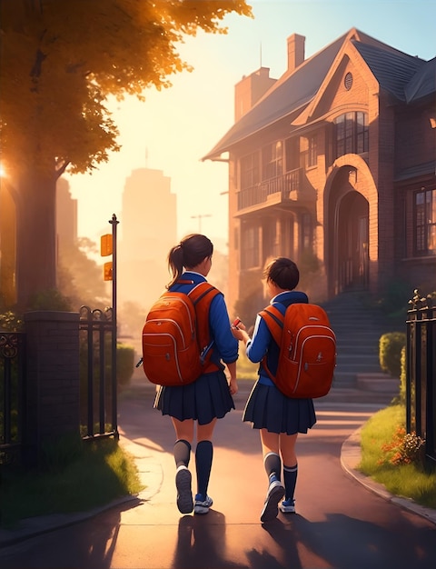 Dos colegialas caminando por una calle con un edificio al fondo