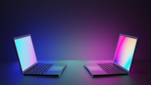 Dos coloridas computadoras portátiles en el escritorio con fondo oscuro de iluminación azul rosa. Imagen de renderizado 3D.