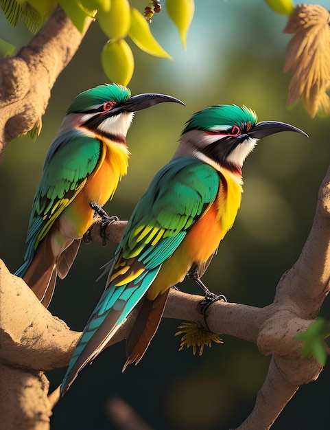 dos coloridos pájaros beeeater sentados en una rama de árbol