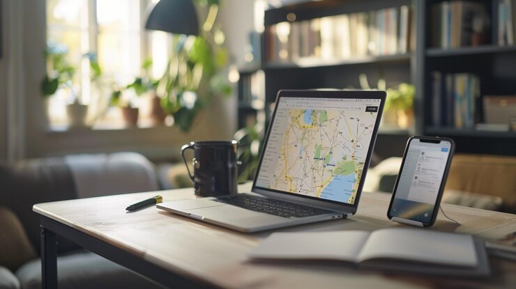 Foto dos computadoras portátiles con un mapa en la pantalla uno de ellos tiene un mapa en la pantalla