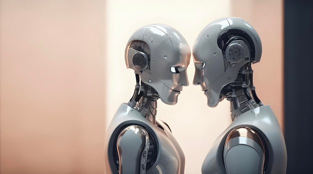 Dos conceptos de amor humano-robot en fondo beige generados por la IA
