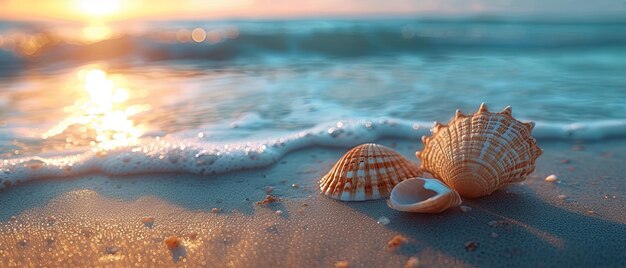 Dos conchas marinas en una playa de arena al atardecer